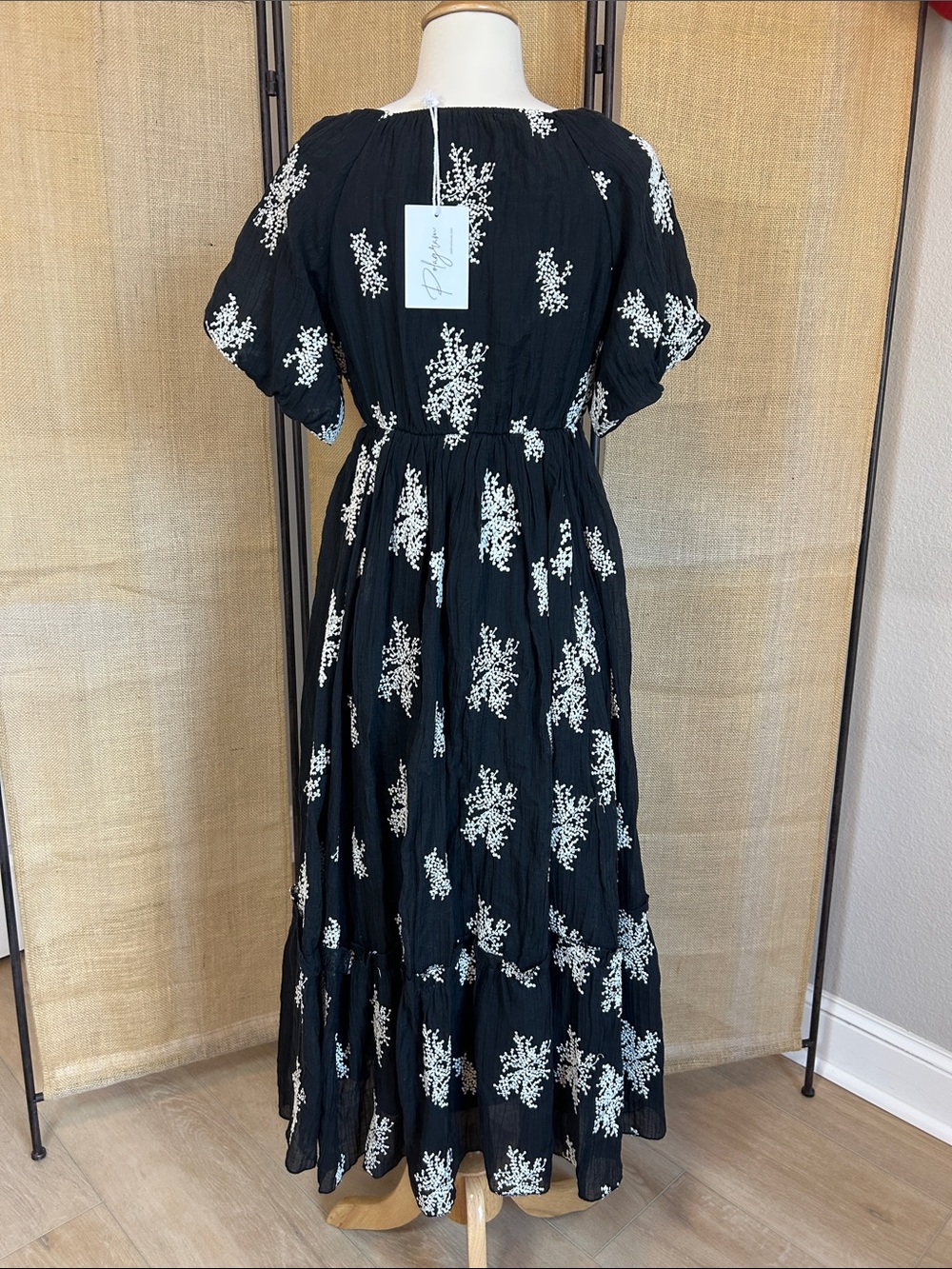 NWT Polagram Black Maxi Dress with White Floral Embroidery Puff Sleeves size S - Picture 5 of 16